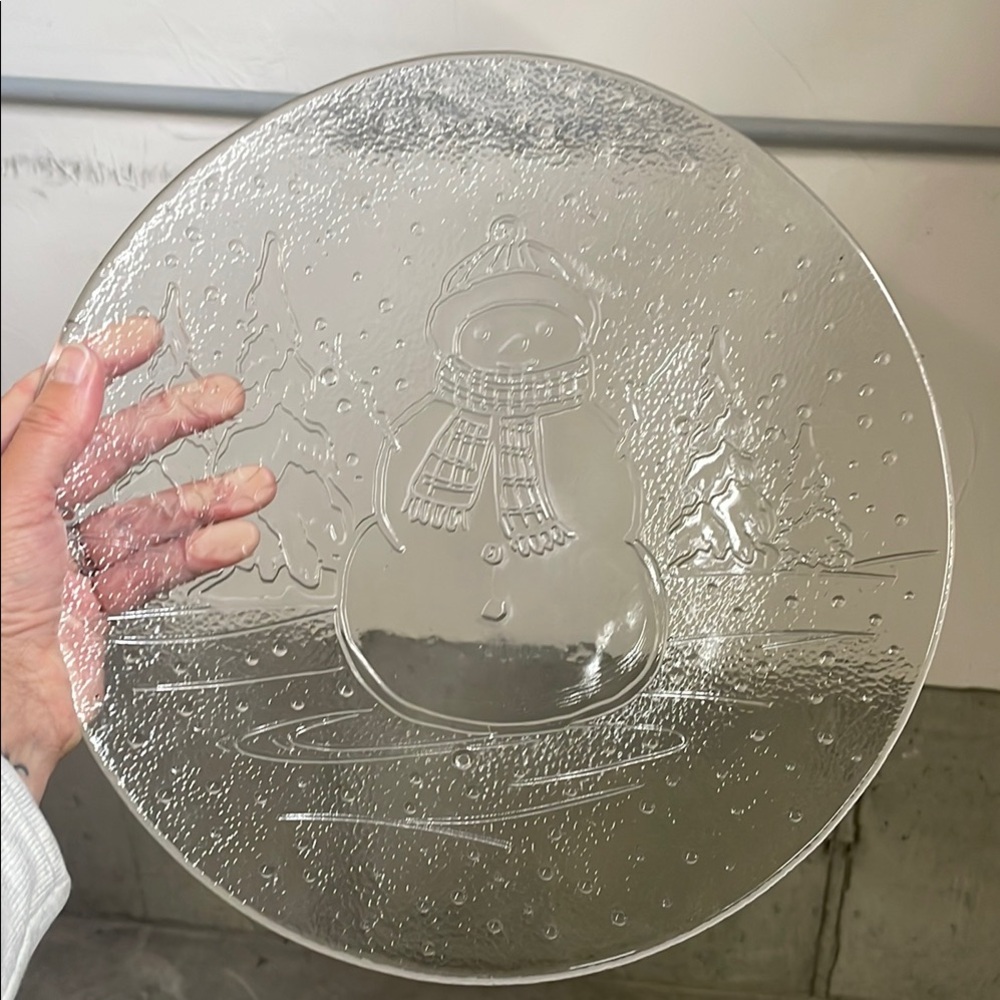 Clear Glass Snowman Art Plate